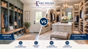 Comparison of a custom mudroom and luxury walk-in closet storage system in a Dallas home