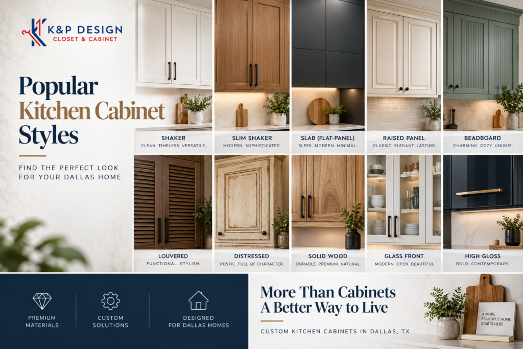 25 kitchen cabinet options for Dallas homeowners featuring shaker, slab, raised panel, glass-front, and distressed cabinet styles