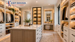 Luxury custom walk-in closet with illuminated shelves, white cabinetry, marble-top storage island, shoe organizers, and dressing vanity.