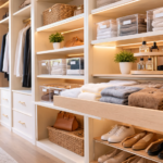 Organized deep closet shelves with pull-out drawers, clear labeled bins and LED lighting in a custom Dallas closet